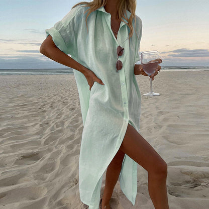 Solid Color Casual Long Sleeves Mid Length Cotton Linen Shirt Dress