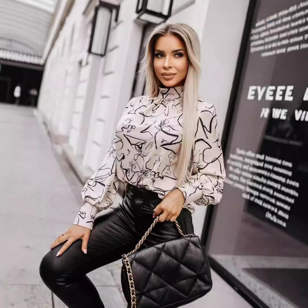 Printed Turtleneck Elegant Long Sleeve Top