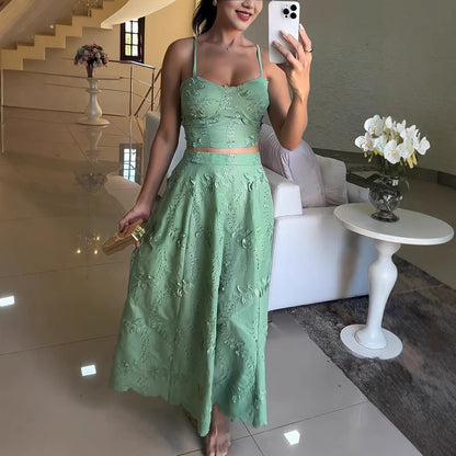 Casual Embroidered  Skirt Two Piece Set