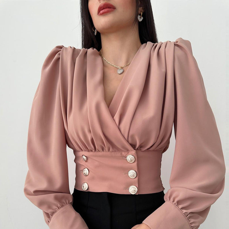"Sexy V-Neck Puff Sleeve Long Sleeve Shirt for Women"