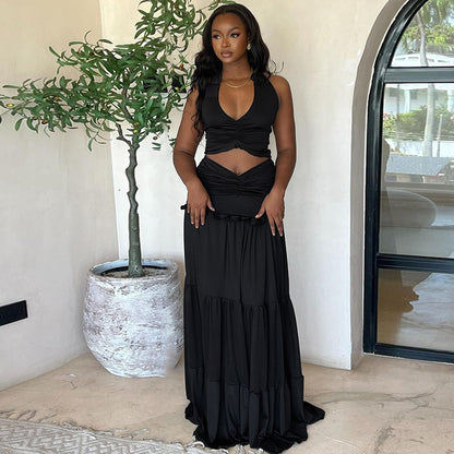Lace Halter neck  Pleated Skirt Two Piece Set