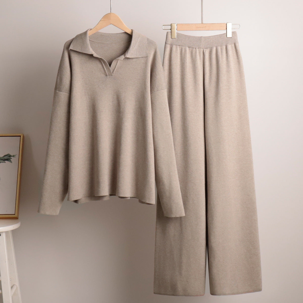 "Knitted Polo Collar Sweater & Wide Leg Trousers Set"