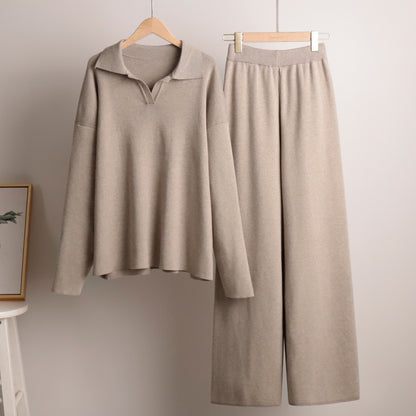 "Knitted Polo Collar Sweater & Wide Leg Trousers Set"