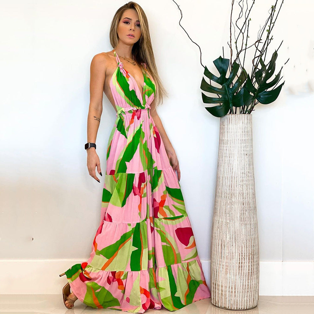 Spring Summer Deep V Plunge  Backless Dress
