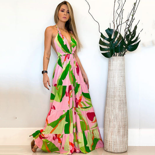 Spring Summer Deep V Plunge  Backless Dress