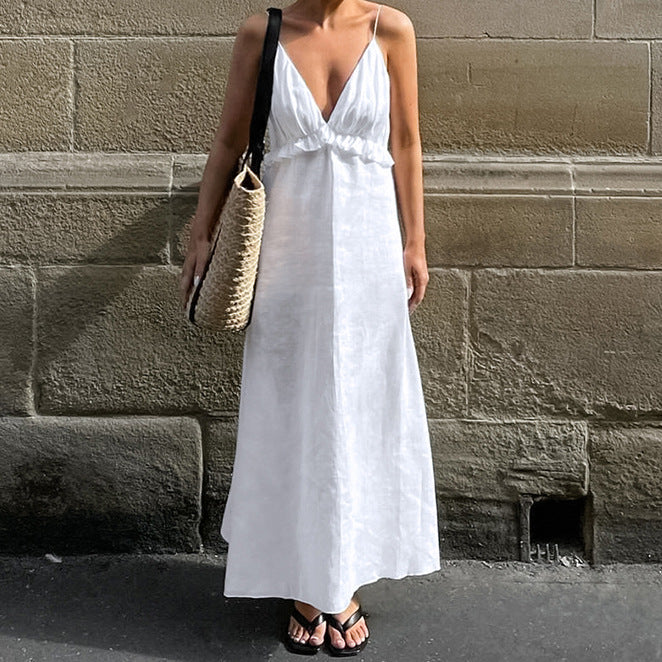 Maxi Dress Cotton Linen V neck  Loose