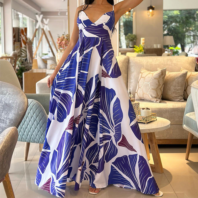 Spring Sexy Print Sling High Waist Mid Length Dress