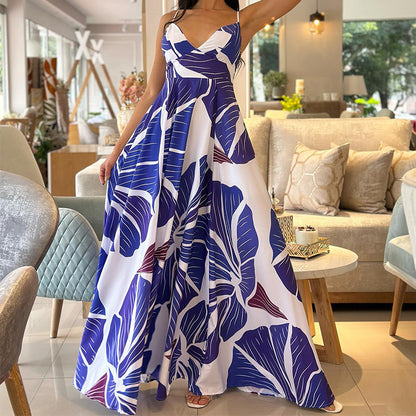 Spring Sexy Print Sling High Waist Mid Length Dress