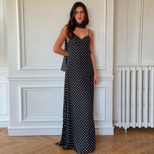 French Dot  V neck Strap Backless Dress