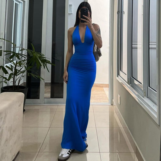 Solid Color Sleeveless  V neck Halter Strap Backless Dress