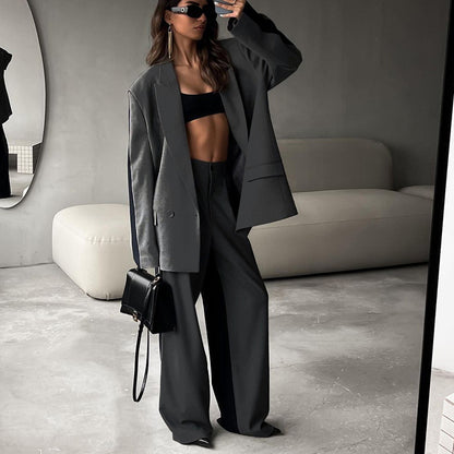 "Office Loose Women Contrast Color Coat & Wide Leg Pants Set"
