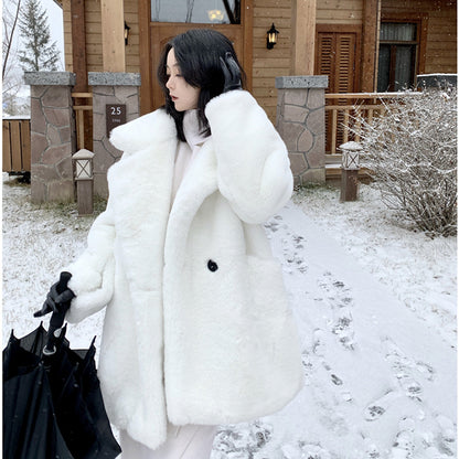 Korean Winter  Loose Faux Fur  Thick White Marten  Plush Overcoat