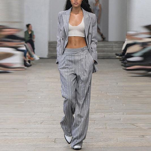 "Gray Embroidered Double-Breasted Pant & Blazer Set"