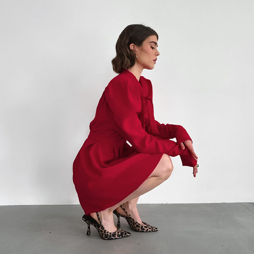 Women Puff Sleeve Dress V Neck