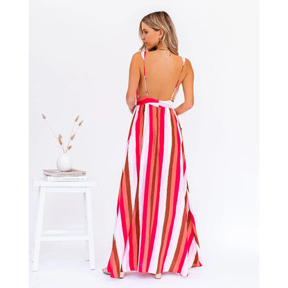 Deep V Plunge Striped Casual Dress  Loose