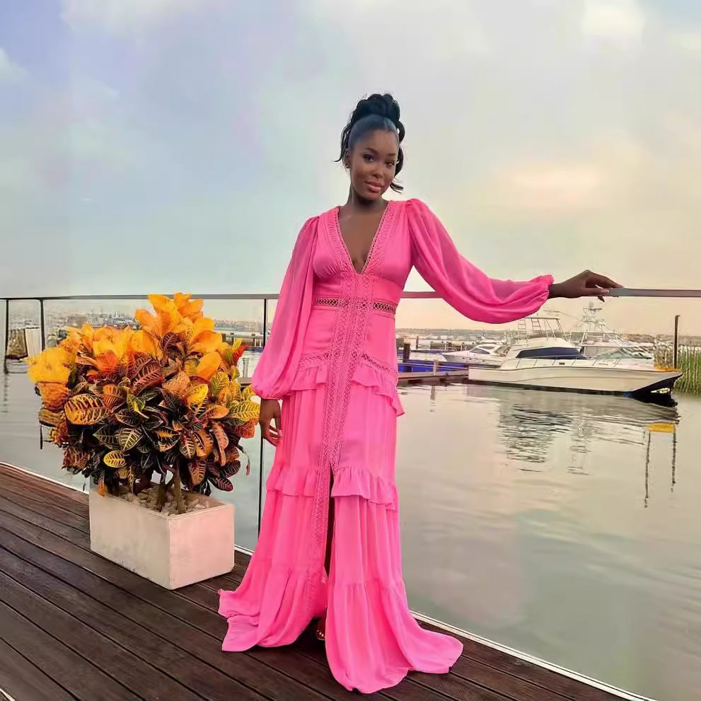 Stitching Long Sleeve V Neck Dress