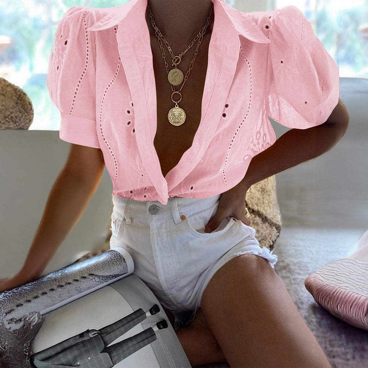 Pink Solid pattern short sleeve shirt for women