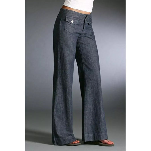 Front Pocket Button High Waist Wide Leg Denim Trousers