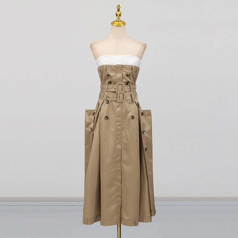 Khaki Color block sleeveless maxi dress 