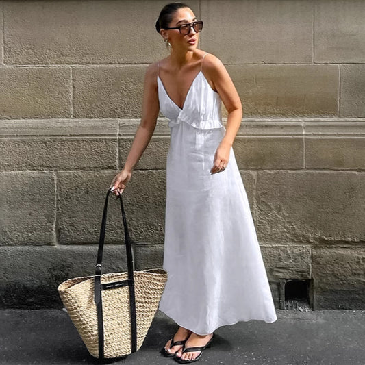 Maxi Dress Cotton Linen V neck  Loose