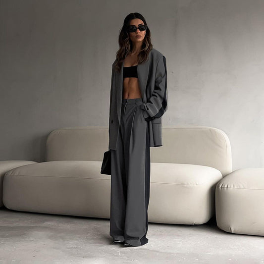 "Office Loose Women Contrast Color Coat & Wide Leg Pants Set"