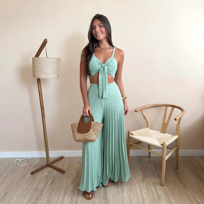 Pleated Loose Wide Leg Pants Two Piece Set