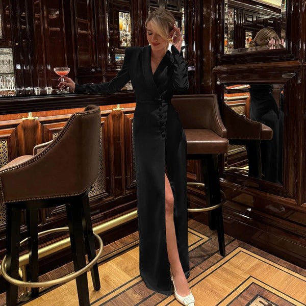 "V-Neck Long Sleeve High Waist Split French Party Dress"