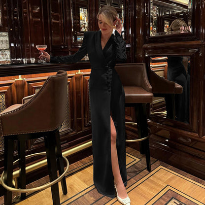 "V-Neck Long Sleeve High Waist Split French Party Dress"