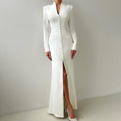 Stylish V-neck polyester bodycon dress front view Ivory color