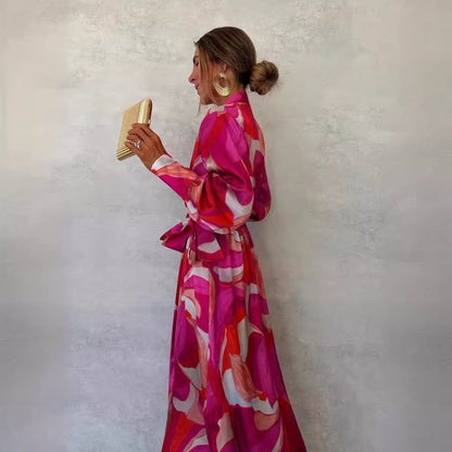 V Neck Self Tie Slit Long Sleeve Dress