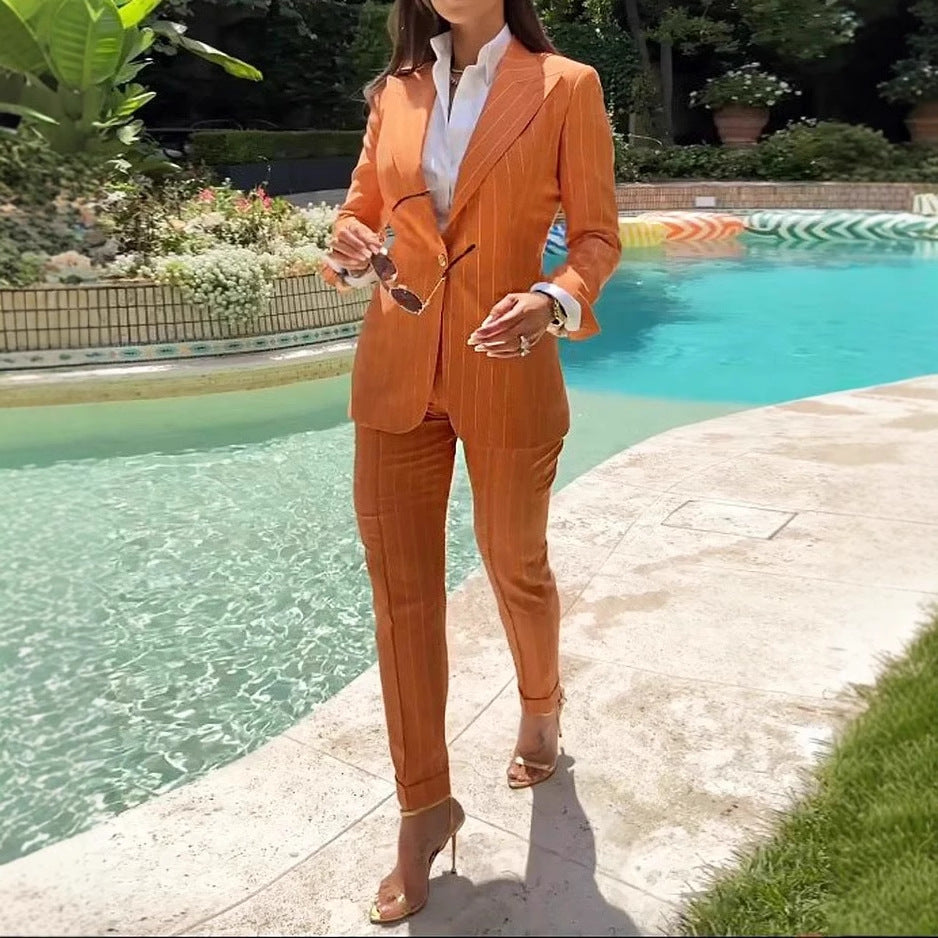 Ladies Blazers Polo Collar Long Sleeve Striped Solid Color Two Piece Sets