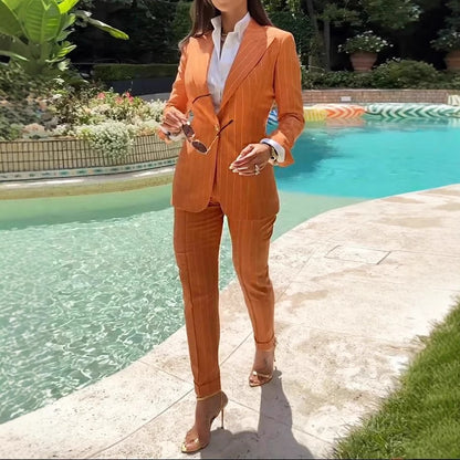 Ladies Blazers Polo Collar Long Sleeve Striped Solid Color Two Piece Sets