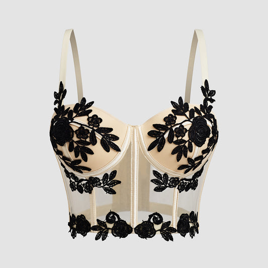 Camisole Lace Embroidered Floral Sexy Mesh See through Slim Fit Boning Corset