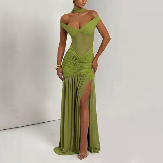 Tube Top Backless Dress Mesh Pleated Slit Dress