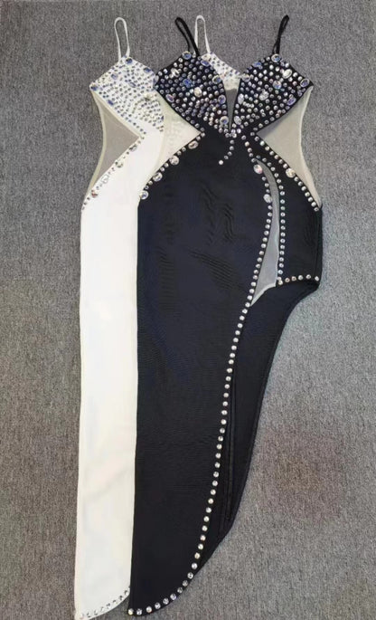 "Rhinestone Trim Backless Maxi Dress"