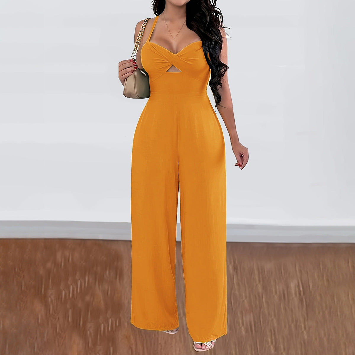 Solid Color Open Back Wide Leg Jumpsuit