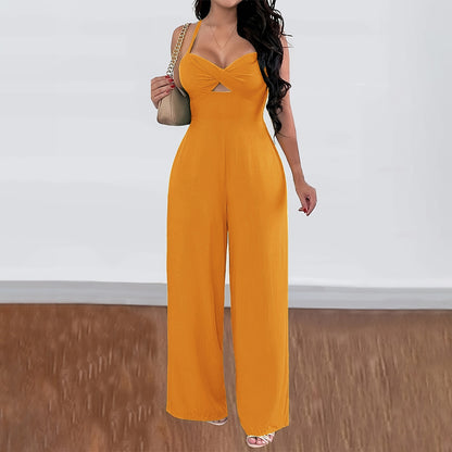 Solid Color Open Back Wide Leg Jumpsuit