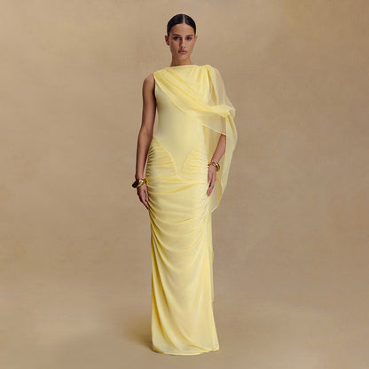 Fashionable Pleated Mesh Shawl  Sheath round Neck Slim Dress