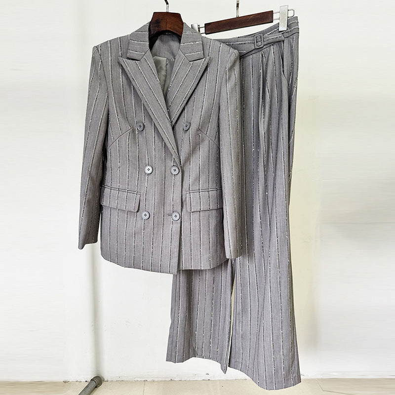 "Gray Embroidered Double-Breasted Pant & Blazer Set"