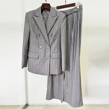 "Gray Embroidered Double-Breasted Pant & Blazer Set"