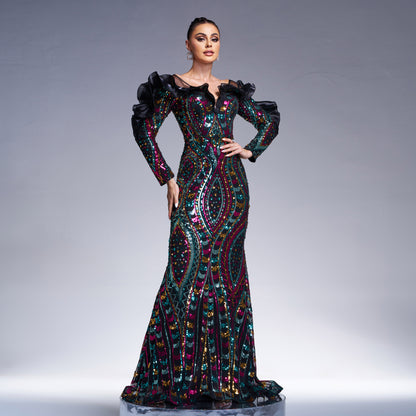 "Long Sleeve V-Neck Sequined Fishtail Evening Dress"