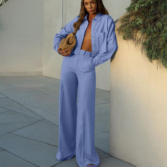 Striped Collared Long Sleeve Short Shirt Loose Wide Leg Pants Two Piece Set