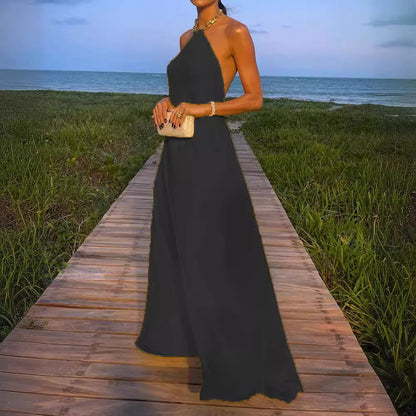 Solid Color Halter Large Swing Backless Mop Maxi Dress