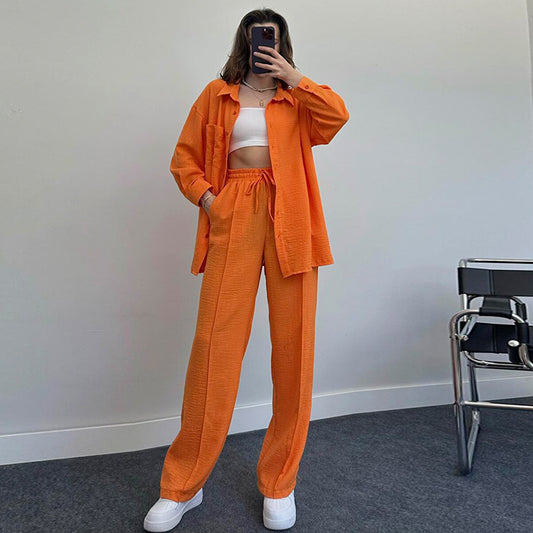 "Elegant Two-Piece Suit: Long Sleeve Shirt & Pleated Pants Set"