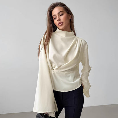 "French Chiffon Bell Sleeve Pleated Split Top"
