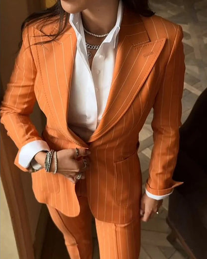 Ladies Blazers Polo Collar Long Sleeve Striped Solid Color Two Piece Sets