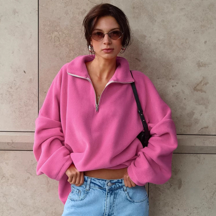 " Women Pink Collared Fleece Sweater "
