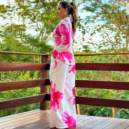 "Women’s Printed Shirt & Wide Leg Pants Two-Piece Suit"