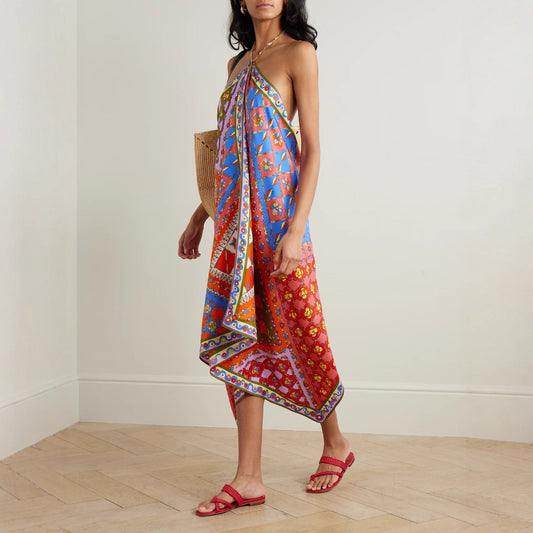  multi-color Sexy boho satin midi dress