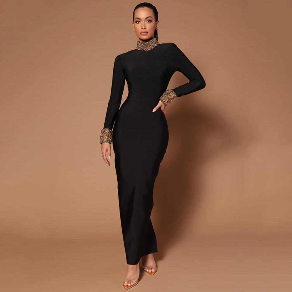 "Diamond Bead Long Sleeve Backless Bandage Dress"